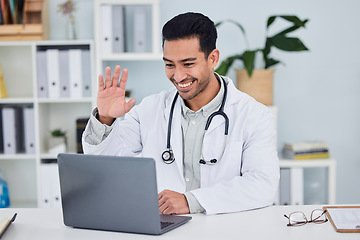 Image showing Video call, doctor and man wave in online meeting, virtual support or clinic and healthcare service on computer. Happy medical worker or asian person on laptop, telehealth help and advice in office