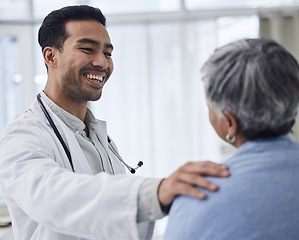 Image showing Happy asian man, doctor and patient for consultation, checkup or healthcare appointment at the hospital. Male person or medical professional consulting woman for health advice or help at the clinic