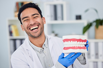 Image showing Happy asian man, dentist and teeth for dental care, veneers or healthcare at hospital. Portrait of male person or medical expert with big smile in happiness for oral, mouth and gum health at clinic