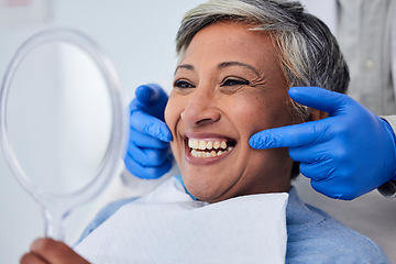 Image showing Senior woman, teeth and smile for dentist in dental care, appointment or checkup at the clinic. Happy elderly female person smile for tooth whitening, cleaning or oral, mouth and gum care at hospital