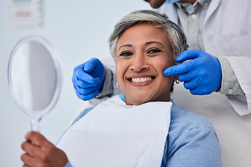 Image showing Happy senior woman, teeth and dentist for dental care, appointment or checkup at clinic. Portrait of elderly female person smile for tooth whitening, cleaning or oral, mouth and gum care at hospital