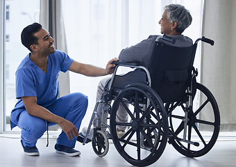 Image showing Nurse, wheelchair and happy woman with support, healthcare service and medical kindness or nursing. Doctor, caregiver and people laugh or senior patient with disability, consulting or helping at home