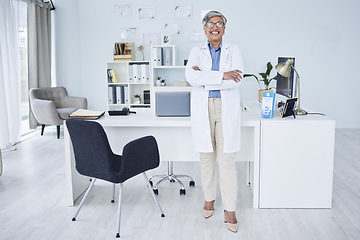 Image showing Happy senior woman, doctor and arms crossed in confidence of healthcare consultant at the office. Portrait of confident and mature female person or medical professional ready for health consultation