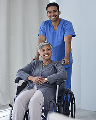 Image showing Happy male nurse, woman with disability in wheelchair and medical trust for wellness, support and healthcare. Portrait of patient, caregiver and man smile for rehabilitation service in nursing clinic