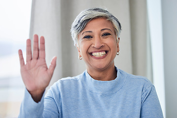 Image showing Wave, smile and portrait of old woman and video call for communication, contact and social media. Hello, happy and networking with face of senior person at home for profile picture and retirement