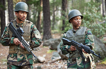 Image showing Gun, army and people in forest for training, outdoor shooting range and military exercise, mission and focus. Rifle, soldier teamwork or warrior man and woman at learning academy in woods or nature