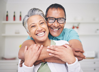 Image showing Hug, love and happy with portrait of old couple for support, smile and relax. Happiness, kindness and peace with senior man and woman laughing at home for embrace, trust and retirement together