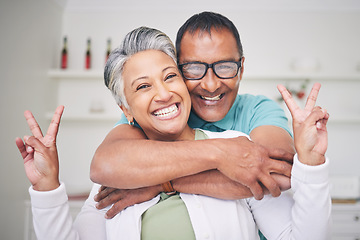 Image showing Peace sign, love and smile with portrait of old couple for support, happy and relax. Happiness, kindness and peace with senior man and woman hugging at home for embrace, trust and retirement