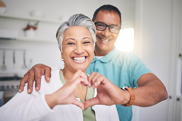 Image showing Heart hands, love and smile with portrait of old couple for support, happy and relax. Happiness, kindness and peace with senior man and woman and gesture at home for embrace, trust and retirement