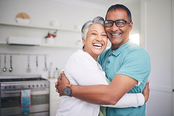 Image showing Happy, hug and smile with portrait of old couple for support, love and relax. Happiness, kindness and peace with senior man and woman in embrace at home for marriage, trust and retirement together