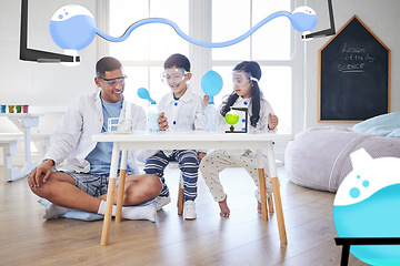 Image showing Family, science and father with kids in living room with balloon for chemistry, reaction or experiment. Physics, test and parent with children in lounge and bottle for learning, analysis and teaching