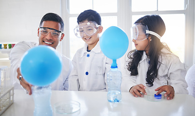 Image showing Family, science and father with kids in a laboratory with balloon for chemistry, reaction or experiment. Physics, test and parent with children in lab with bottle for learning, analysis and teaching