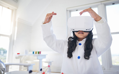 Image showing Girl, kid and virtual reality, science and learning with education, metaverse experience and future technology. Young scientist, digital world and 3D with female child, VR goggles and development