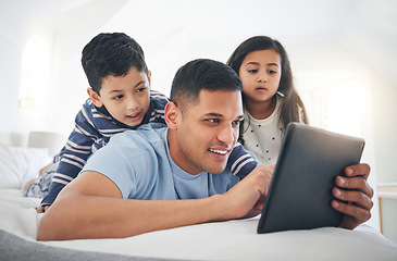 Image showing Father, children and tablet, games or cartoon streaming online with internet, bonding and people relax together in bedroom. Watch animation film, man and kids at home with connection and subscription