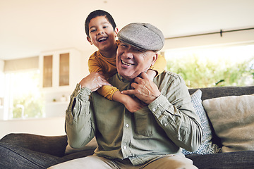 Image showing Hug, grandfather and boy with a smile, relax and love with quality time, cheerful and weekend break in a home. Male child, grandpa and kid embrace, bonding and portrait with joy, playful and loving