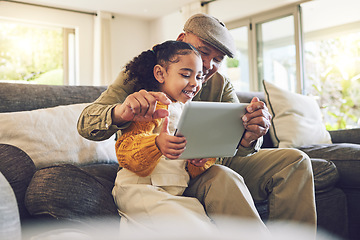 Image showing Young girl, grandfather and tablet, games and entertainment, watch cartoon or e learning while at home. Bonding, love and spending quality time, old man and female child with gadget and internet