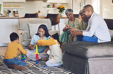 Image showing Big family, parents or happy kids on floor with toys for playing, creative fun or bonding at home. Development, smile or children enjoy building blocks games to relax with mom, dad or grandparents