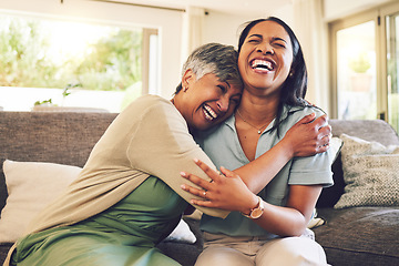 Image showing Senior mother, funny and hug woman in living room, bonding and laughing together. Happy, elderly mom and embrace person, relax and smile with care, love and enjoying time on home sofa with family.