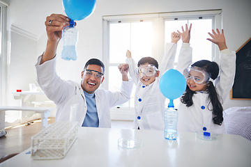 Image showing Science, happy family and father with kids in living room with balloon for chemistry, reaction or experiment. Physics, test and parent with children celebrating, bottle, gas or learning fun analysis