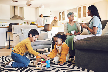 Image showing Family home, kids and siblings with toys, living room and play on floor with grandparents, parents or games. Men, women and children for building blocks, development and learning in lounge in house