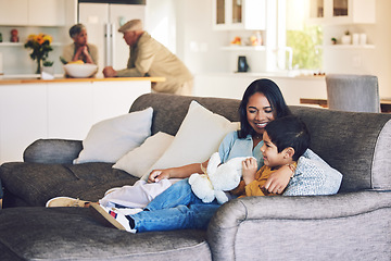 Image showing Happy, mother and boy on a couch, love and quality time with happiness, loving together and cheerful. Female parent, mom and mama with male child, kid on a sofa and family in a home, care and break