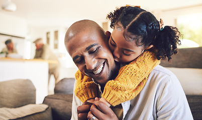 Image showing Happy father, kiss and piggyback child in home, bonding and having fun together. Smile, dad and carrying girl with care, love and support, play and enjoying quality time in living room with family.