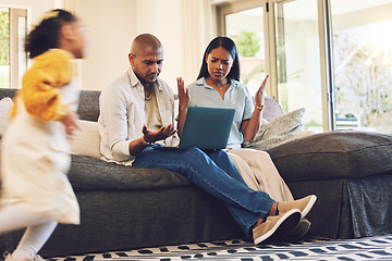 Image showing Child running with stressed parents on a laptop at their home in the living room with problems. Upset, technology and girl kid moving fast with blur motion with mother and father on computer on sofa.