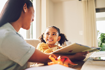 Image showing Story, help and mother with a child for reading, teaching and support with homework. Family, house and a mom and girl kid learning knowledge from a book and studying together for homeschool education