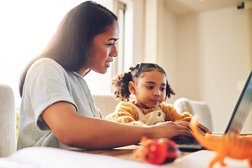 Image showing Laptop, family and mother with girl for home education, website search and games for holiday, helping and support. Computer, watch and live streaming service of latino mom and child with e learning