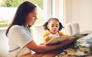 Image showing Mom, girl child and book for reading, spelling and learning for literature, language or studying in family home. Storytelling, mother and daughter with teaching, education and focus for development