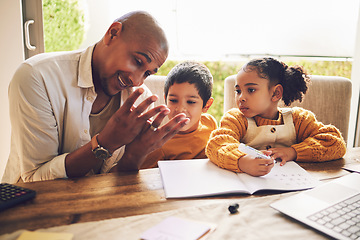 Image showing Counting, teaching and father with children for home education, school development and math support or help. Family, dad and kids with numbers, hands and guide for kindergarten knowledge and learning