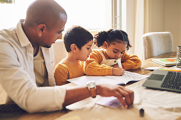 Image showing Writing, learning and father with children for home education, school development and support or helping. Books, Knowledge and language translation or math notes with family or dad teaching kids