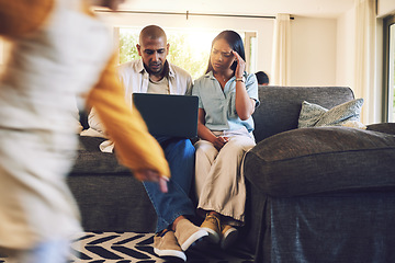 Image showing Kid running with parents on laptop with stress at their home in the living room with problems. Upset, technology and girl child moving with adhd motion blur with mother and father on computer on sofa