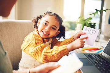 Image showing Mom, kid and alphabet card for teaching, spelling and learning for literacy, language and show letter in family house. Letter, mother and daughter with reading, education and support for development