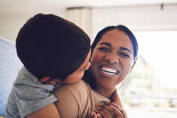 Image showing Funny, mother and hug child in home, bonding and having fun together. Happy, mom and embrace kid, laughing and smile with care, love and affection, play and enjoying quality time to relax with family