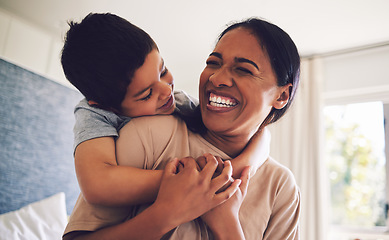 Image showing Funny, mother and piggyback child in home, bonding and having fun together. Happy, mom and hug kid, laughing and smile with care, love and support, play and enjoying quality time to relax with family