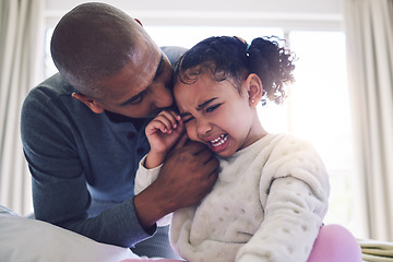 Image showing Father, crying girl child and comfort with talk, care and support with love, bonding and help in family home. Dad, sad daughter and together with chat to manage emotions, fear and anxiety in house