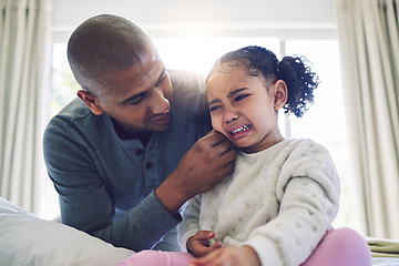 Image showing Father, crying girl kid and comfort with talk, care and support with love, bonding and help in family home. Dad, sad daughter and empathy with chat to deal with emotions, fear and anxiety in house