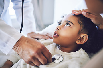 Image showing Hands, stethoscope and doctor with child for heart healthcare, breathing or check lungs for wellness in hospital. Girl, medical professional or pediatrician with cardiology instrument in consultation