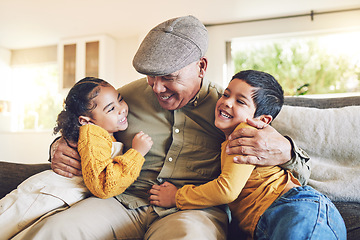 Image showing Hug, grandfather or happy children in family home on sofa with love enjoying quality bonding time together. Smile, affection or senior grandparent relaxing with young kids or siblings on house couch