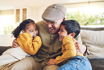 Image showing Hug, grandpa or happy kids laughing in family home on sofa with love enjoying bonding time together. Smile, affection or senior grandfather relaxing with funny children siblings on couch in house