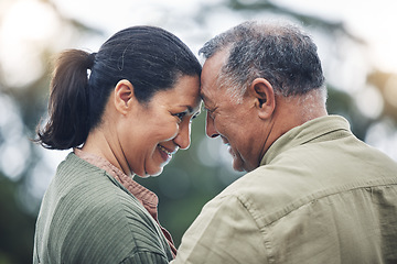 Image showing Outdoor, forehead and senior couple with love, retirement and happiness with care, bonding and romantic. Romance, happy old woman and elderly man with commitment, joy and loving together in a park