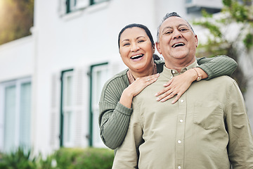 Image showing Love, portrait and senior couple embracing in the backyard garden of their family home. Happy, smile and elderly man and woman in retirement hugging and bonding together outdoor of their modern house