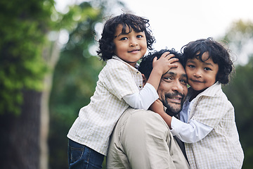 Image showing Portrait, smile and father with children at park, nature or outdoor on vacation. Face, happy family and kids with dad, bonding and having fun, care or enjoying quality time together on holiday travel