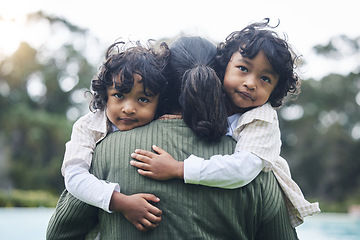 Image showing Love, care and children hug mother at outdoor park bonding for trust and happy for quality time together. Smile, mama and kids embrace parent or mom for happiness and support in mockup space