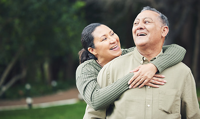 Image showing Love, happy and senior couple hugging in nature in outdoor park with care, happiness and romance. Smile, sweet and elderly man and woman in retirement embracing and bonding together in green garden.