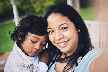 Image showing Face, selfie and mother smile with kid outdoor taking photo for happy memory, social media or profile picture. Family portrait, mom and boy child sleeping, bonding and enjoying quality time together.