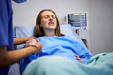 Image showing Pregnant woman, clinic and labor with push, holding hands or support in bed, baby and pain. Strong mother, childbirth process and helping hand in hospital bed for infant child, motivation or shouting