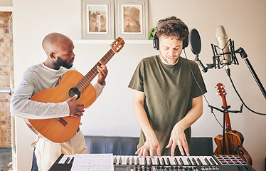 Image showing Music, piano and friends with guitar recording in home studio together. Electric keyboard, instrument and microphone of singer with teamwork, creative men and artists in production of acoustic sound