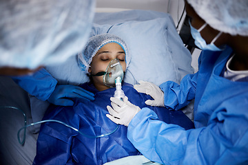 Image showing Doctor, hospital bed or woman with an oxygen mask, respiratory or operation for healthcare recovery. Medical surgeon, anesthesia or sick patient with breathing equipment for ventilation in emergency